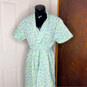 Vintage 70s Dress Blue Green Abstract Tie Waist Small